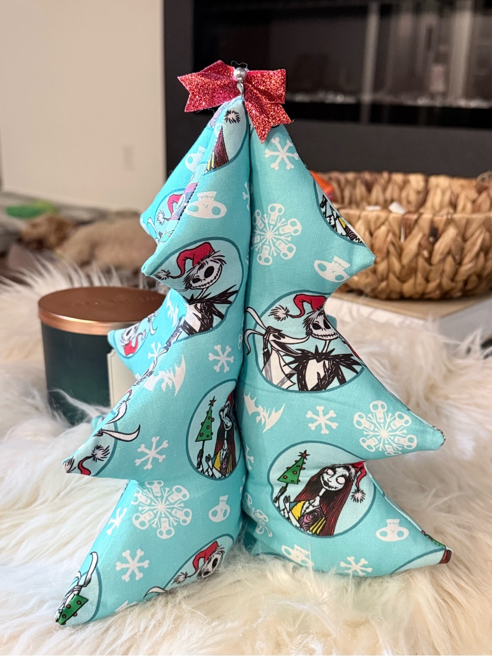 Teal Holiday Fabric Tree Accent with Festive Character Print